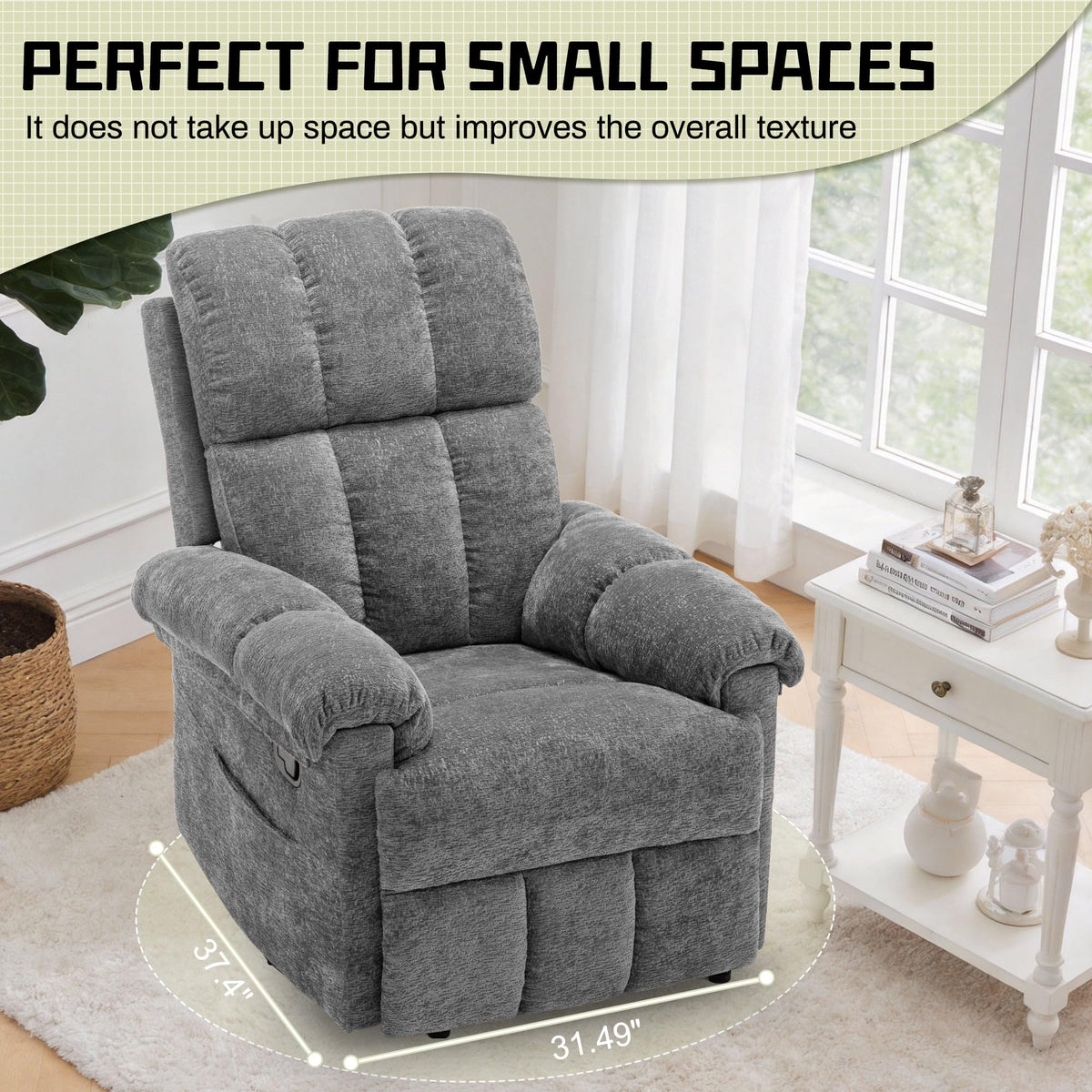 Korser Recliner Chair, Living Room Recliner Chairs for Adults, Small Recliners for Small Spaces, Upholstered Manual Recliner with Side Pockets, Comfy Nursery Chair for Living Room, Chenille, Beige