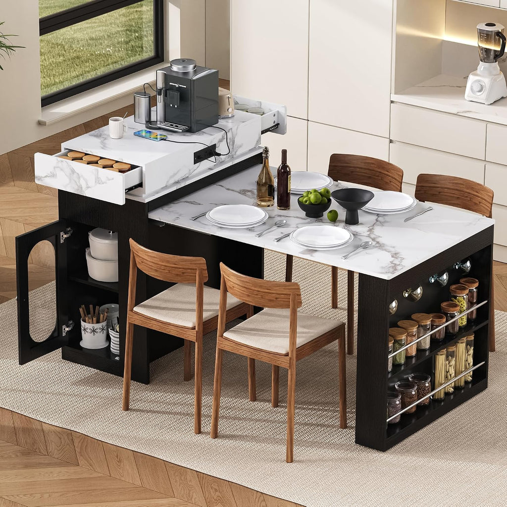 Extendable Dining Table with Folding Tabletop & Power Outlet, Modern Kitchen Island Sideboard with Wheels, Hidden Drawers & USB Charging, Sturdy Buffet Table for Small Spaces (Black)