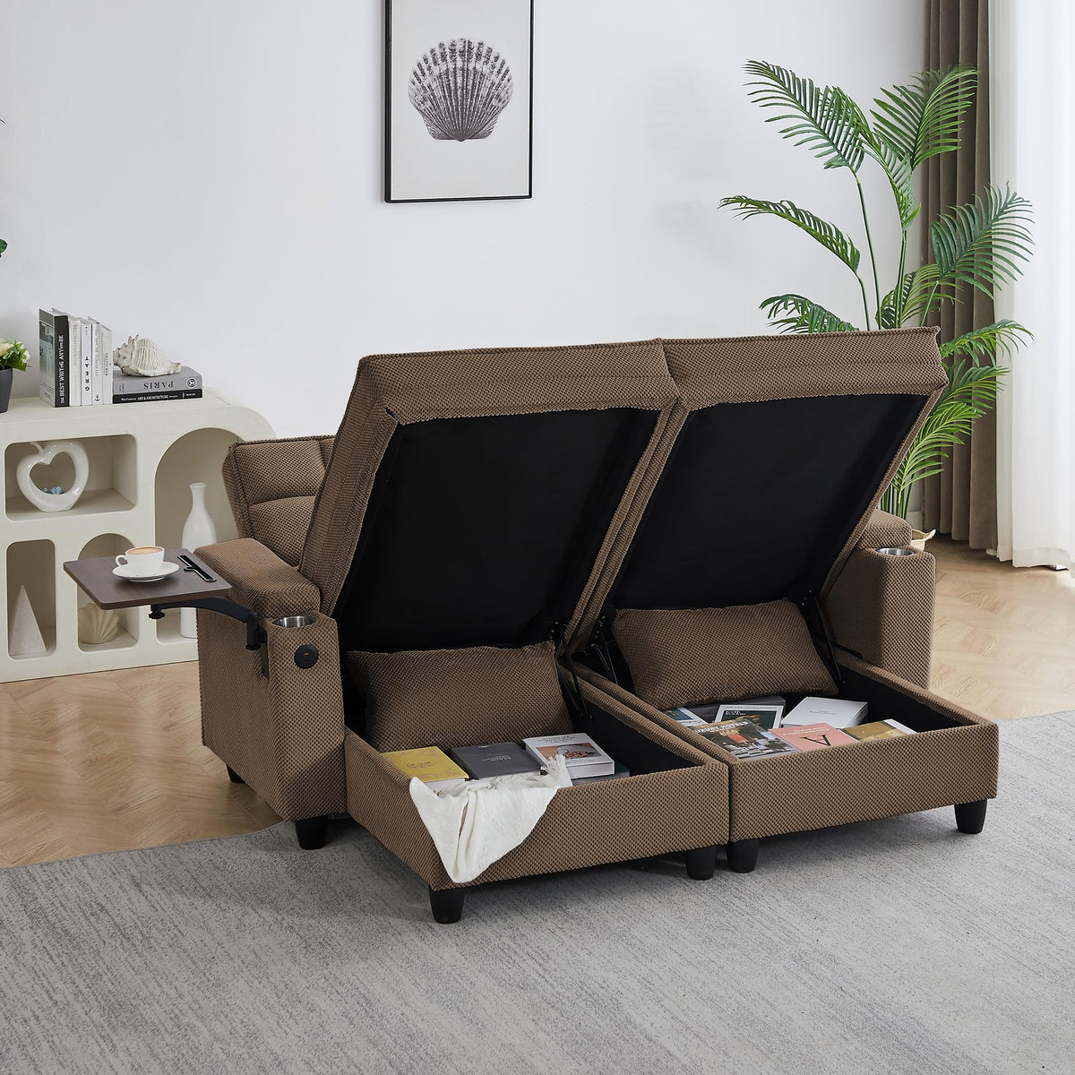 KEIKI 41.7" Convertible Sofa Bed Chair, Adjustable Backrest Recliner Chaise Lounge with USB Ports, Cup Holder, Storage Armrest and Swivel Table, Space Saving Sleeper Sofa for Studio, Dorm