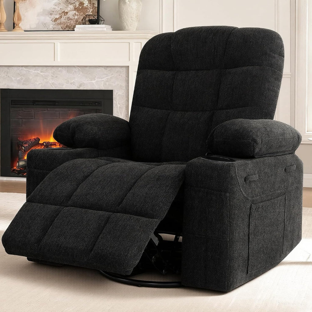 Swivel Rocker Recliner Chair,Recliner Single Sofa with Cup Holders, Manual Nursery Rocking Chair with Side Pockets, Modern Upholstered Recliner for Living Room,Apartment,Home Theater(Black)