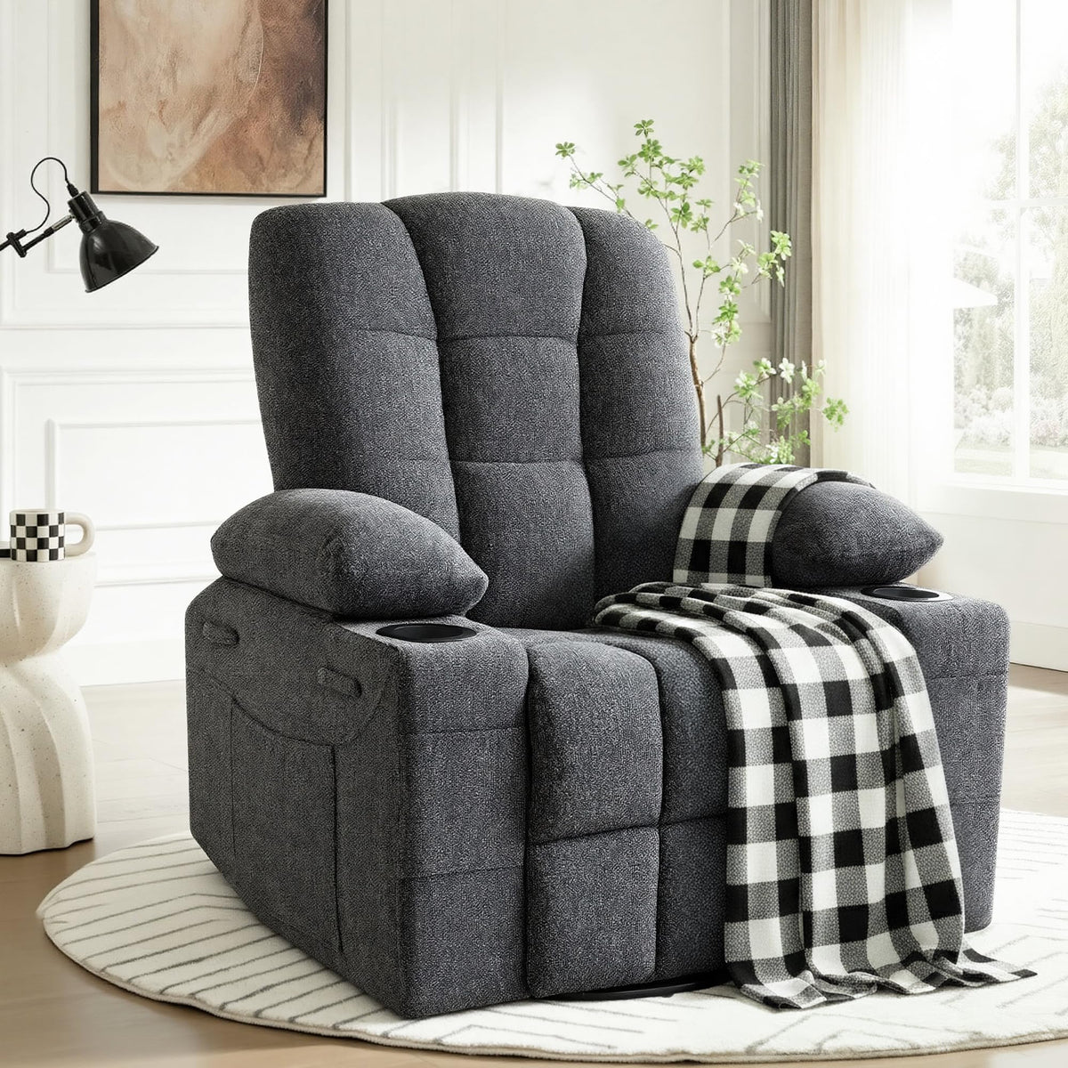 Swivel Rocker Recliner Chair,Recliner Single Sofa with Cup Holders, Manual Nursery Rocking Chair with Side Pockets, Modern Upholstered Recliner for Living Room,Apartment,Home Theater(Black)