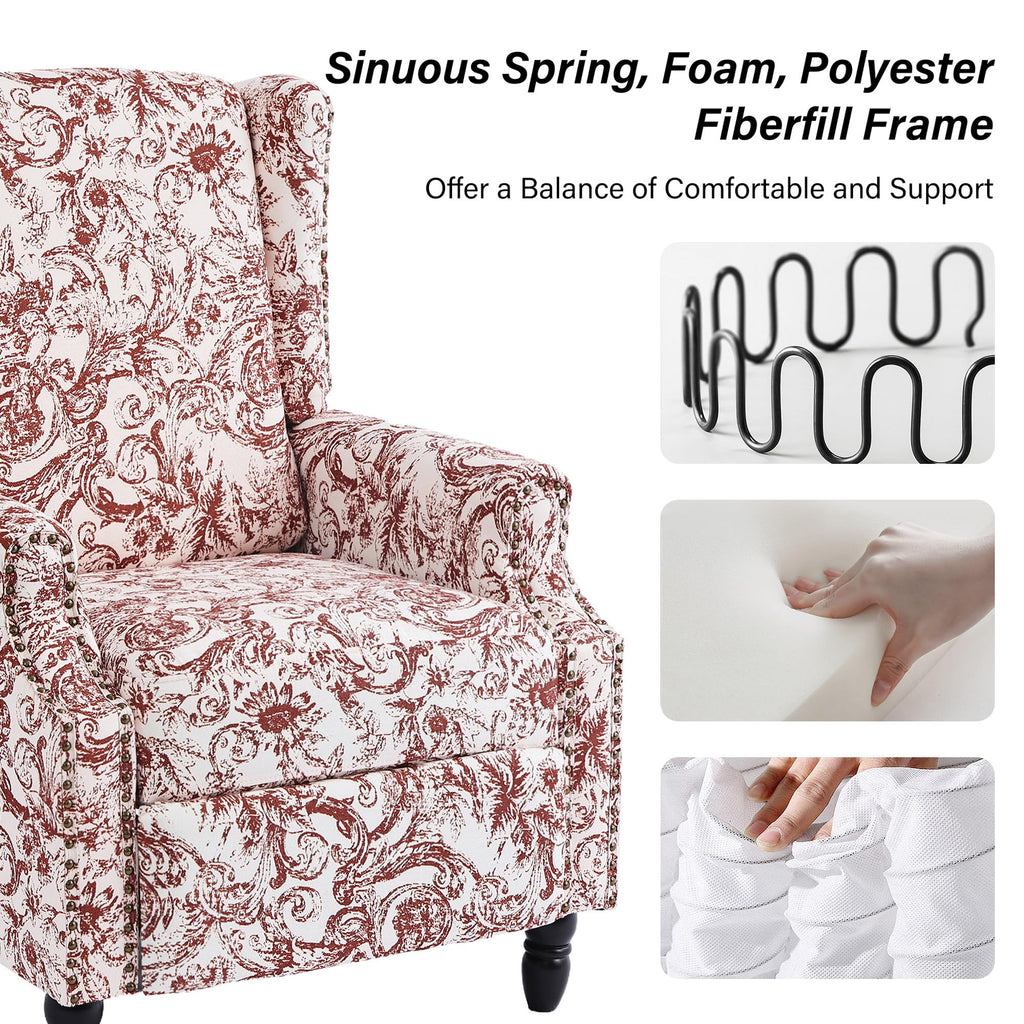 Wingback Floral Pushback Recliner Chair, Plants Beige, Set of 2