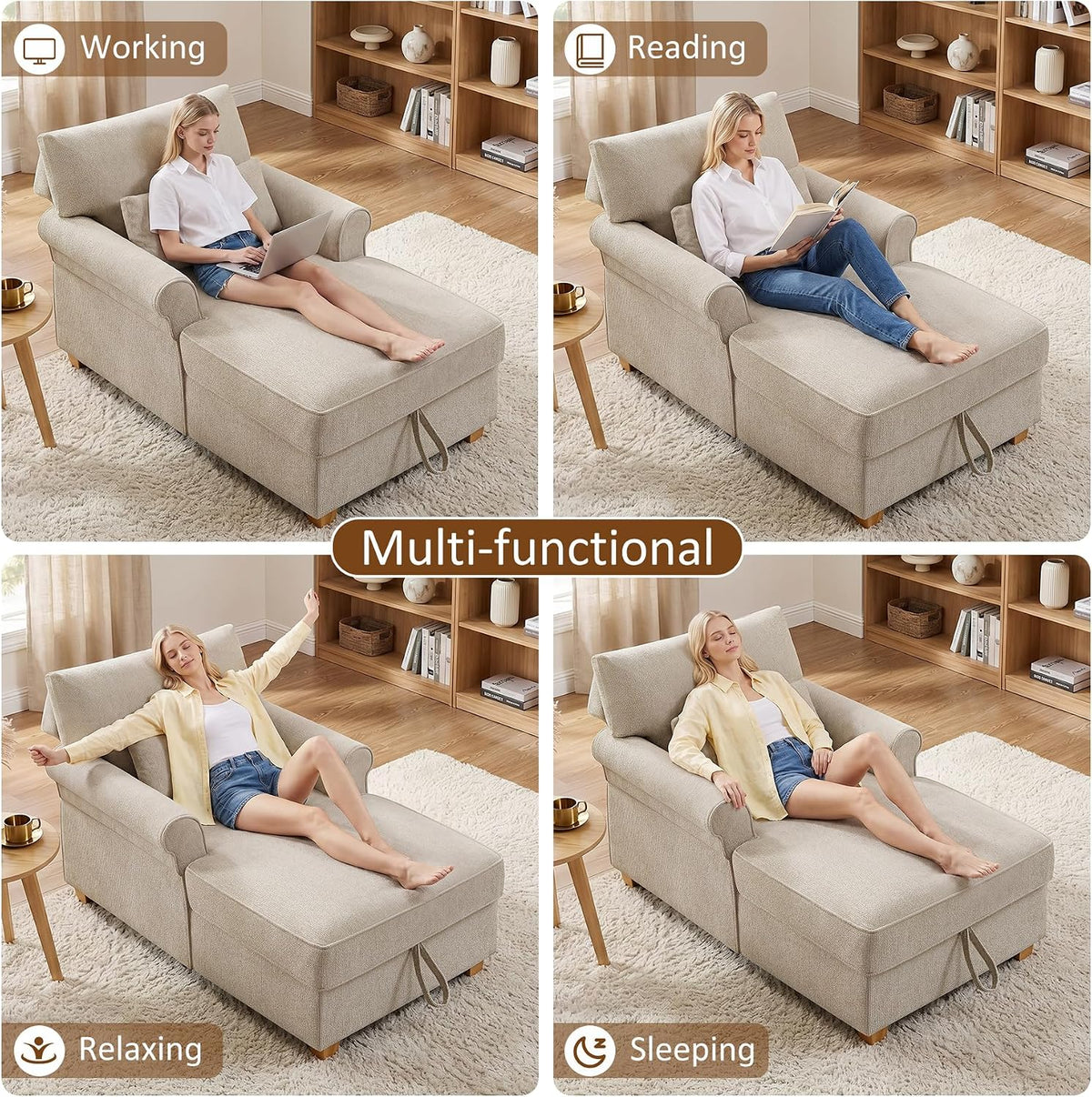 63.39" Oversized Chaise Lounge Chair with Storage, Chenille Beige