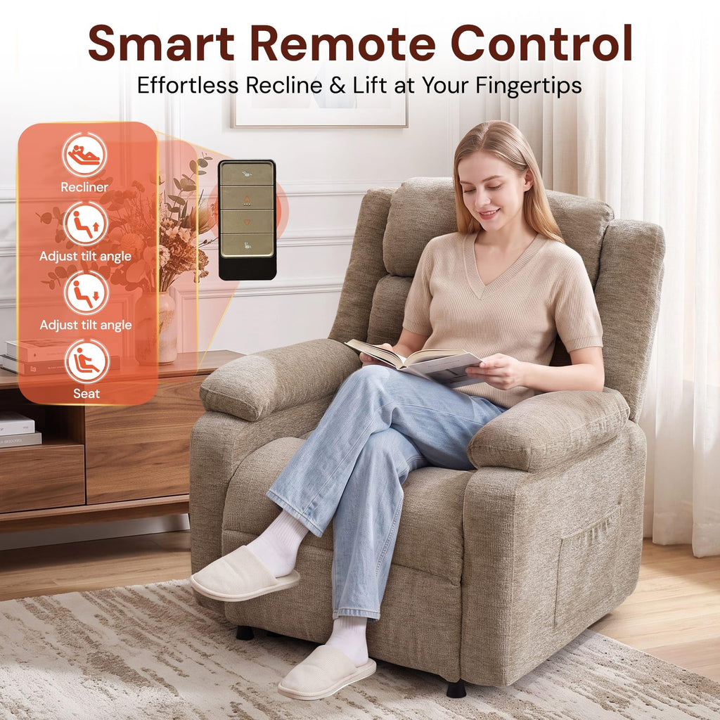 Korser Power Recliner Chair for Adults, Oversized Electric Recliner with Thickened Cushions, Reclining Chair for Bedroom, Living Room Chairs with Side Pockets, Chenille