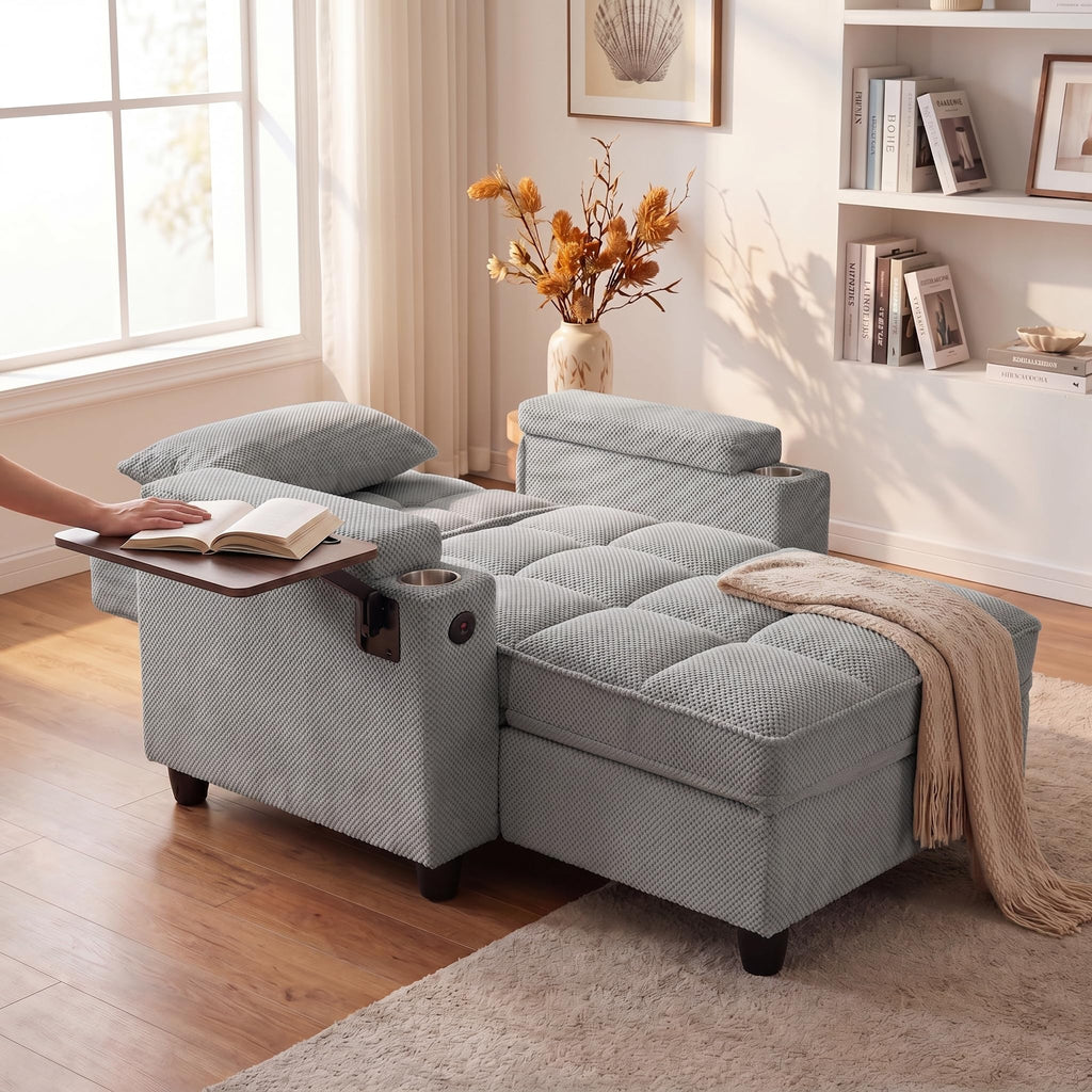 Convertible Sleeper Chair, Pull Out Sofa Bed with Adjustable Backrest & Hidden Storage Armrest, Single Sofa Recliner with USB Charging Port & Cup Holders for Living Room, Bedroom, Dark Gray