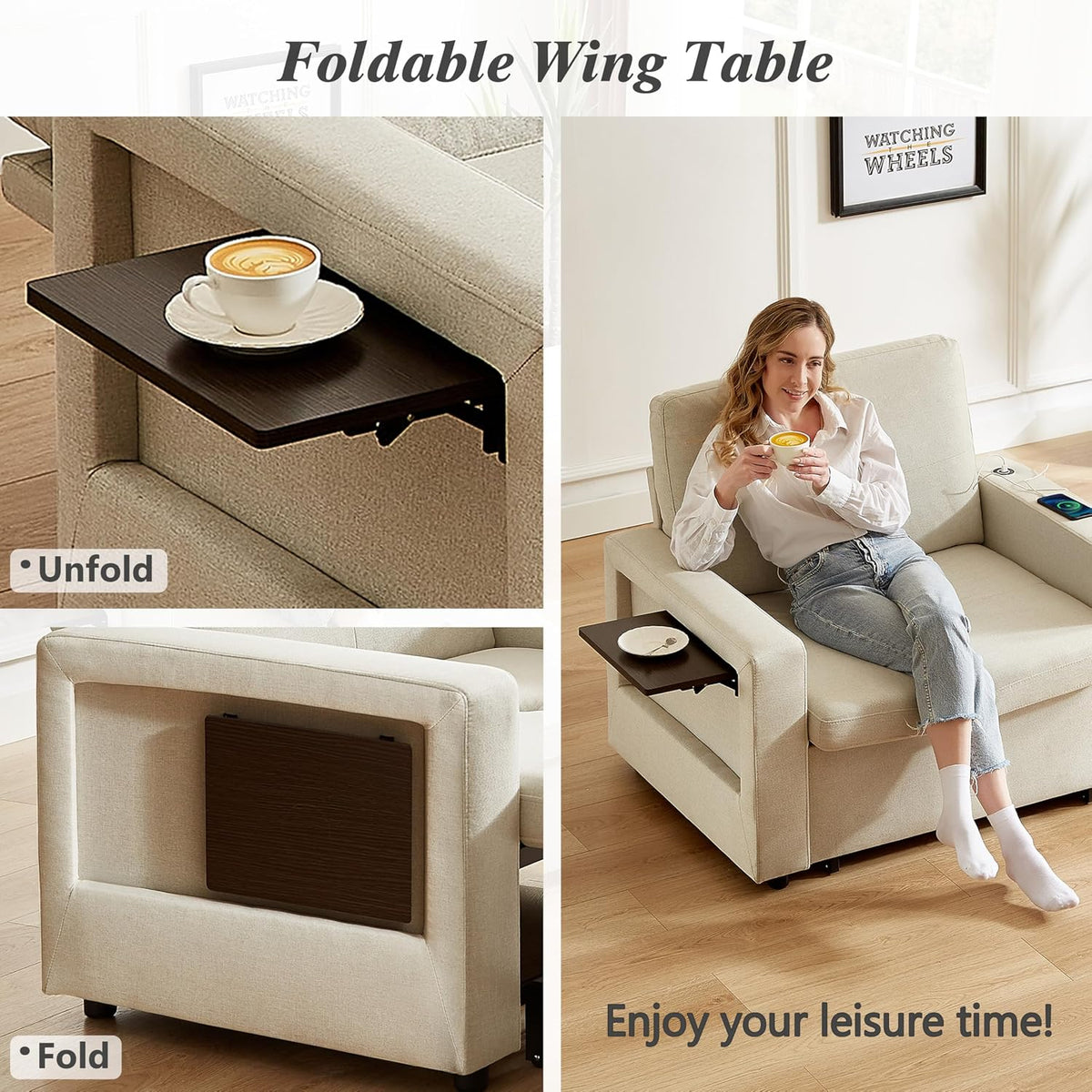 WEUP 3-in-1 Sleeper Sofa Chair Bed, 42.5" W Convertible Sleeper Chair with Pull Out Bed, USB Charging Ports & Wing Table, Cup Holder, Adjustable Backrest, Side Pockets (Premium, Beige)