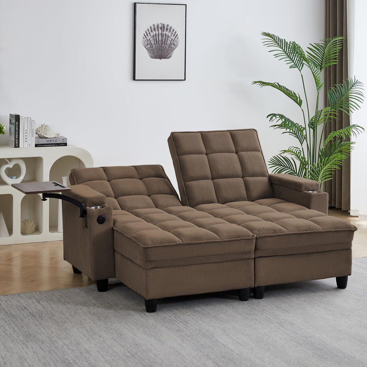 KEIKI 41.7" Convertible Sofa Bed Chair, Adjustable Backrest Recliner Chaise Lounge with USB Ports, Cup Holder, Storage Armrest and Swivel Table, Space Saving Sleeper Sofa for Studio, Dorm