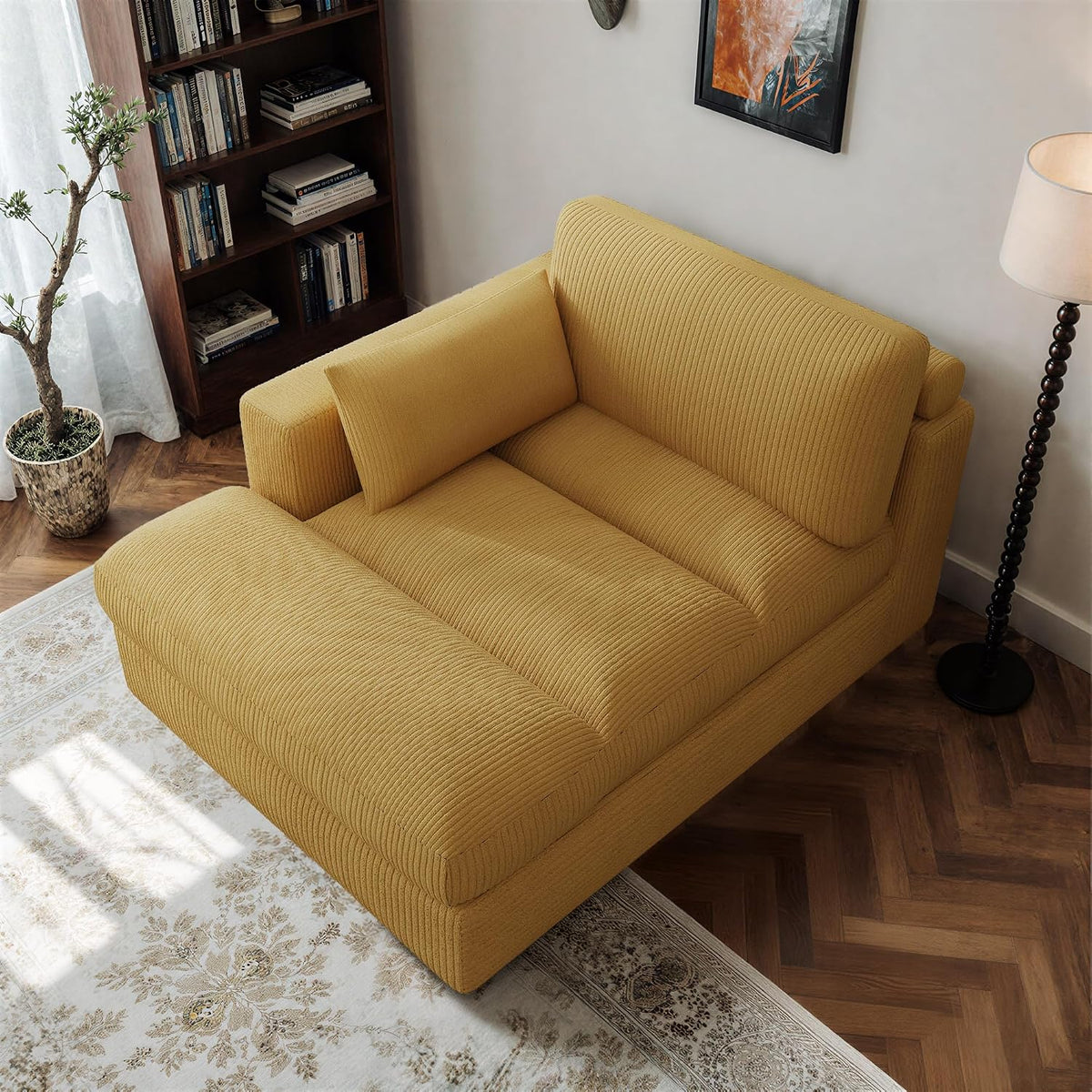 Oversized Corduroy Chaise Lounge Chair with Right Armrest & Cushion, Comfy Upholstered Sleeper Sofa Indoor Recliner Seat Solid Wood Couch w/Washable Cover for Bedroom, Living Room - Orange