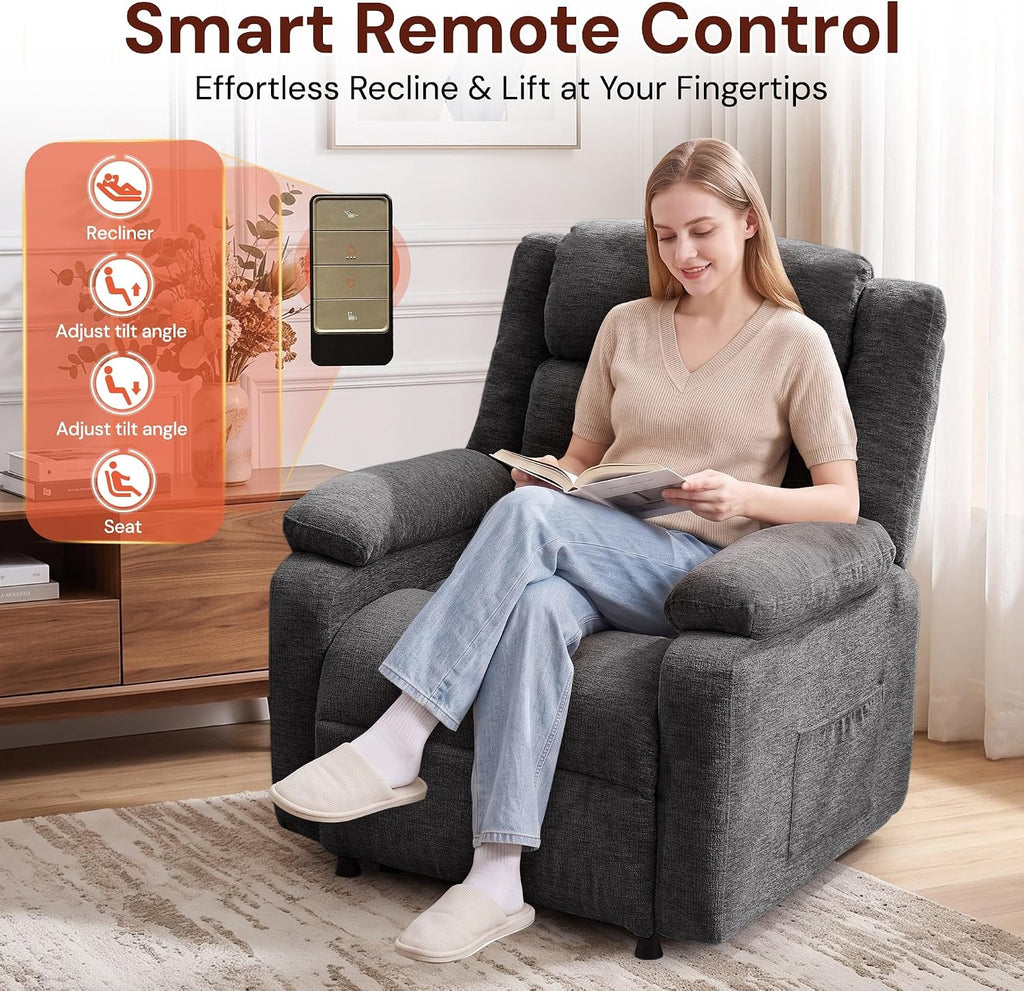 Korser Power Recliner Chair for Adults, Oversized Electric Recliner with Thickened Cushions, Reclining Chair for Bedroom, Living Room Chairs with Side Pockets, Chenille