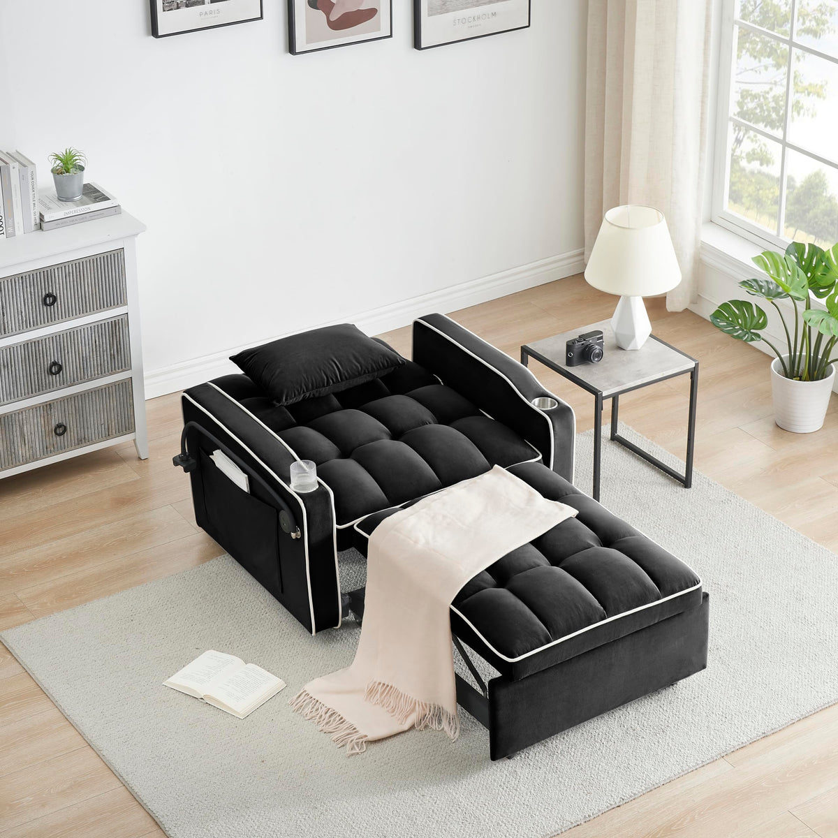 NicBex Sleeper Sofa Chair Bed with USB Port & Cup Holder &Side Table, Beige