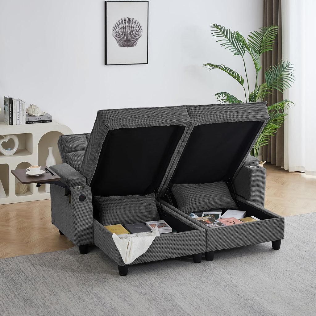 KEIKI 41.7" Convertible Sofa Bed Chair, Adjustable Backrest Recliner Chaise Lounge with USB Ports, Cup Holder, Storage Armrest and Swivel Table, Space Saving Sleeper Sofa for Studio, Dorm