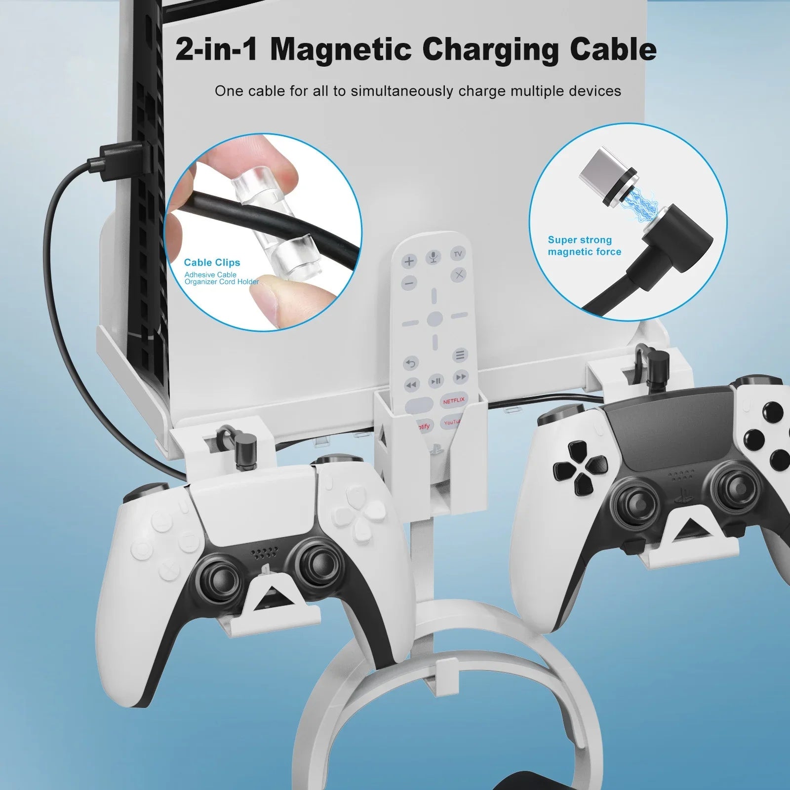 Space-Saving, Convenient Storage Iron Charging PS5 Cable Slim Set and Dual Bracket Wall Secure, with Mount Durable for