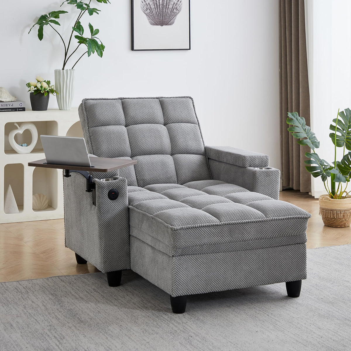 KEIKI 41.7" Convertible Sofa Bed Chair, Adjustable Backrest Recliner Chaise Lounge with USB Ports, Cup Holder, Storage Armrest and Swivel Table, Space Saving Sleeper Sofa for Studio, Dorm