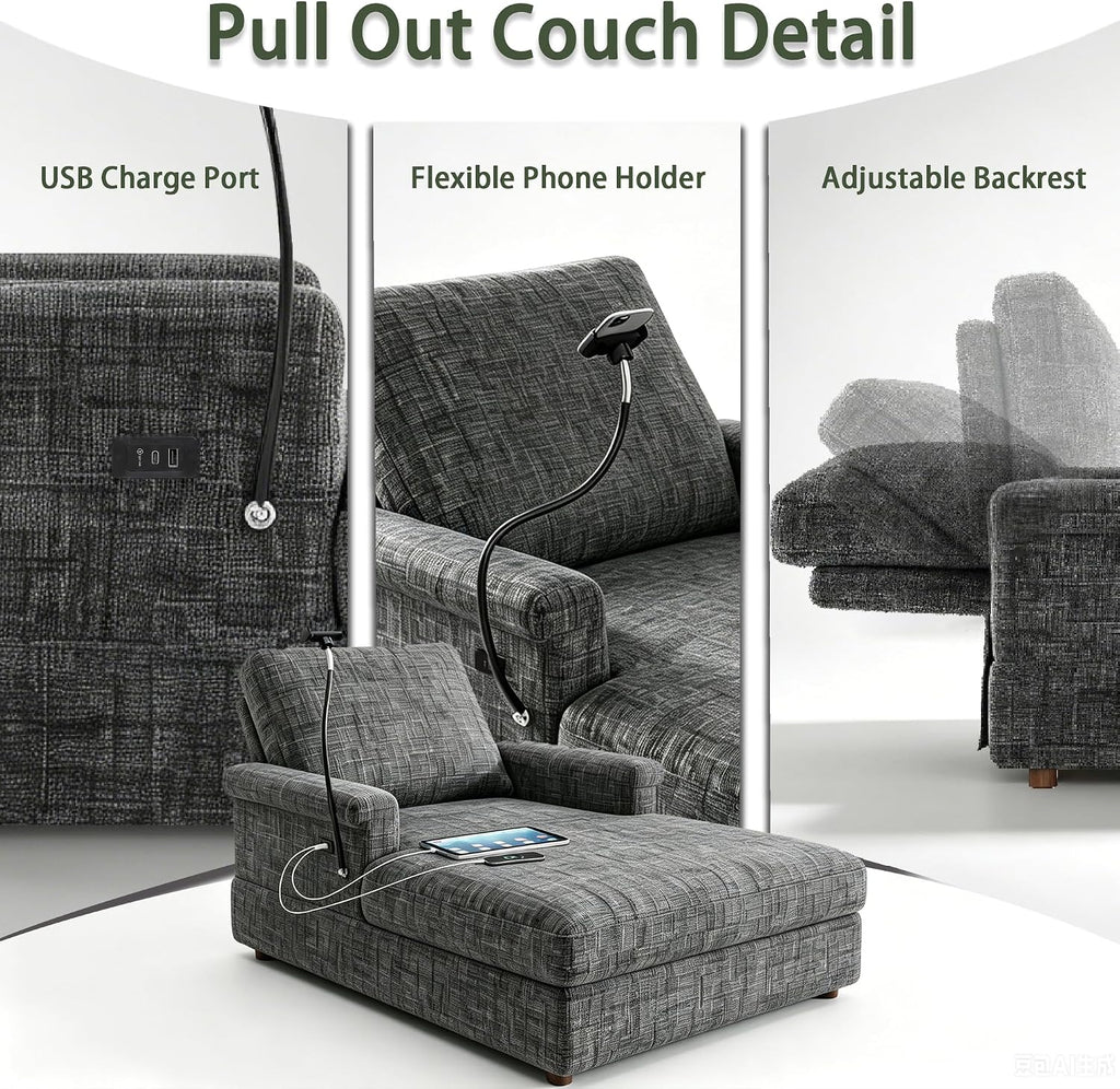 EJUNQ 66.5" Oversized Chaise Lounge Chair Indoorï¼Cozy Sofa Bed with Phone Holder and USB Chargerï¼Upholstered Deep Seat Sleeper Sofa Bedï¼Comfy Single Sofa Armchair for Living Room, Grey