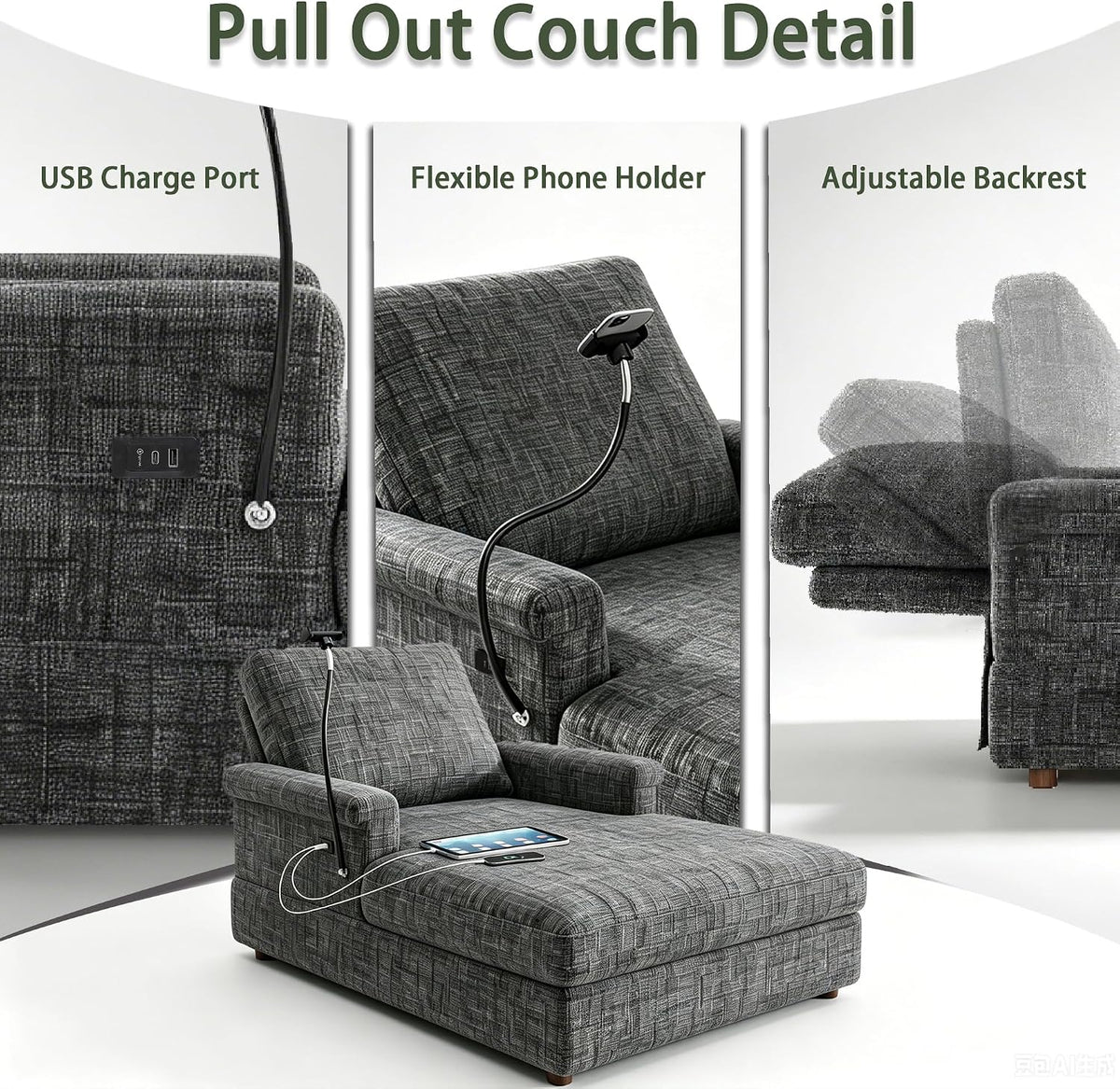 EJUNQ 66.5" Oversized Chaise Lounge Chair Indoorï¼Cozy Sofa Bed with Phone Holder and USB Chargerï¼Upholstered Deep Seat Sleeper Sofa Bedï¼Comfy Single Sofa Armchair for Living Room, Grey