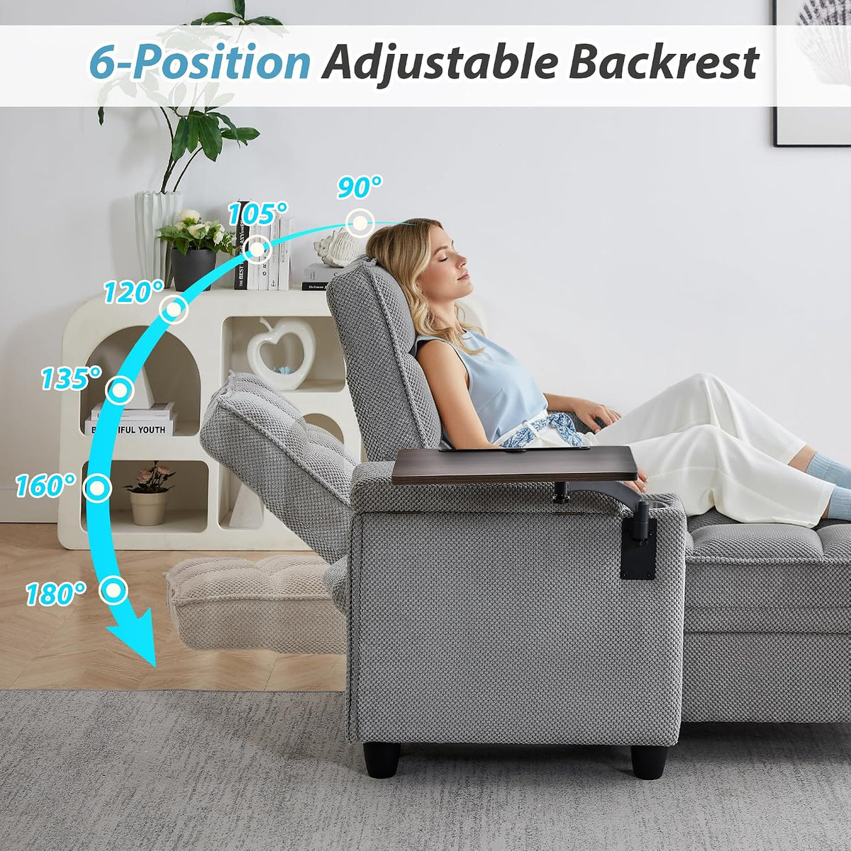 Eafurn 6-Position Adjustable Convertible Chaise Lounge Sleeper Chair with Storage, Modern Recliner Armchair with Swivel Tray Table & USB Port, Multi-Functional Tufted Accent Chair for Small Space