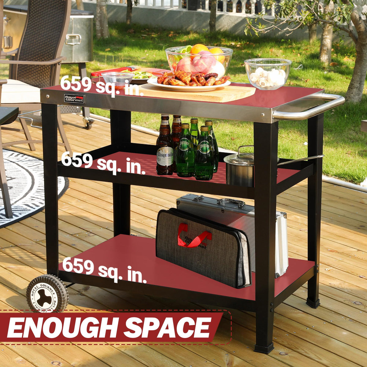 Royal Gourmet PC4401B 3-Tier Dining Cart with Wind Guard, Black