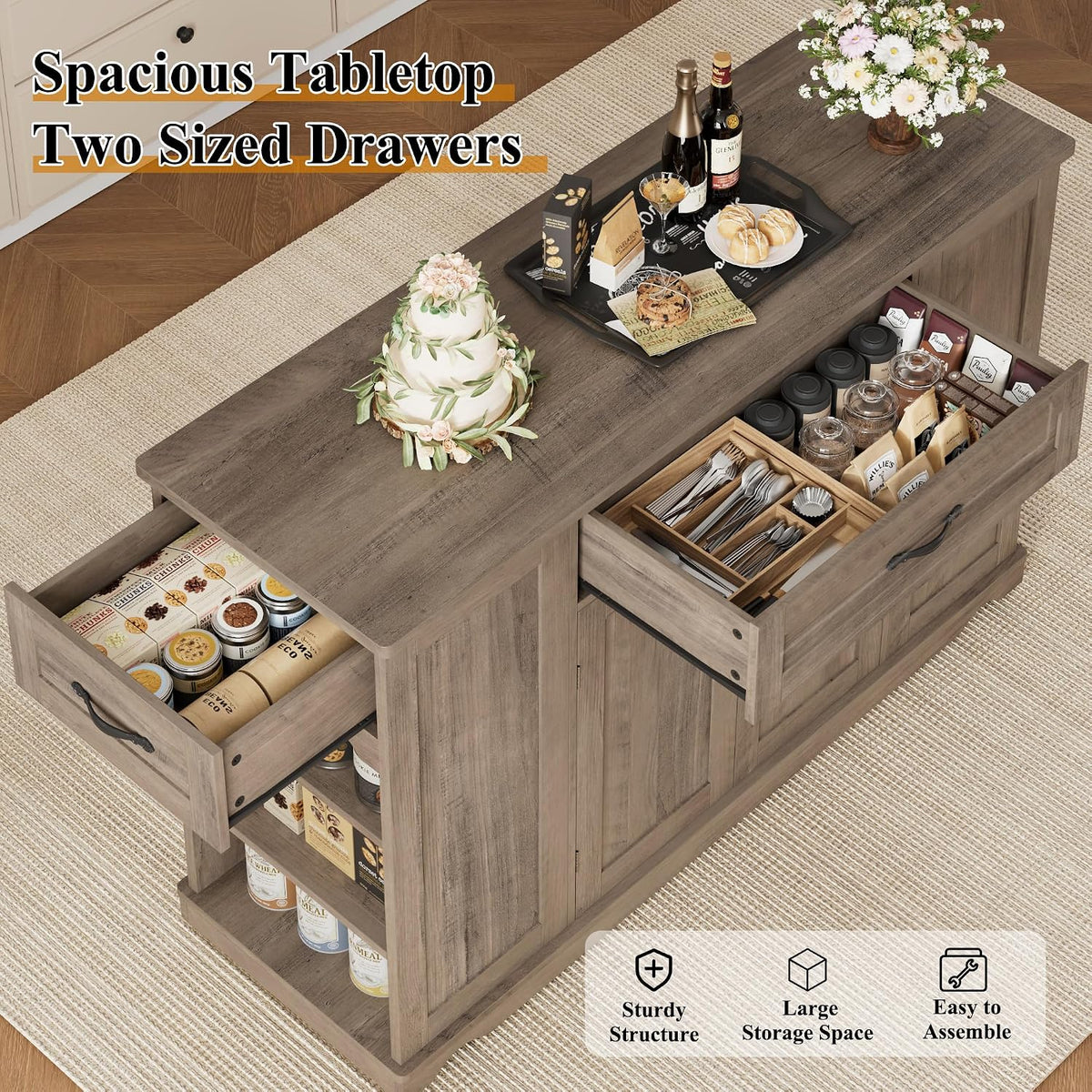 HOSTACK Kitchen Island Cart with Storage, Rolling Island Table, Ash Gray