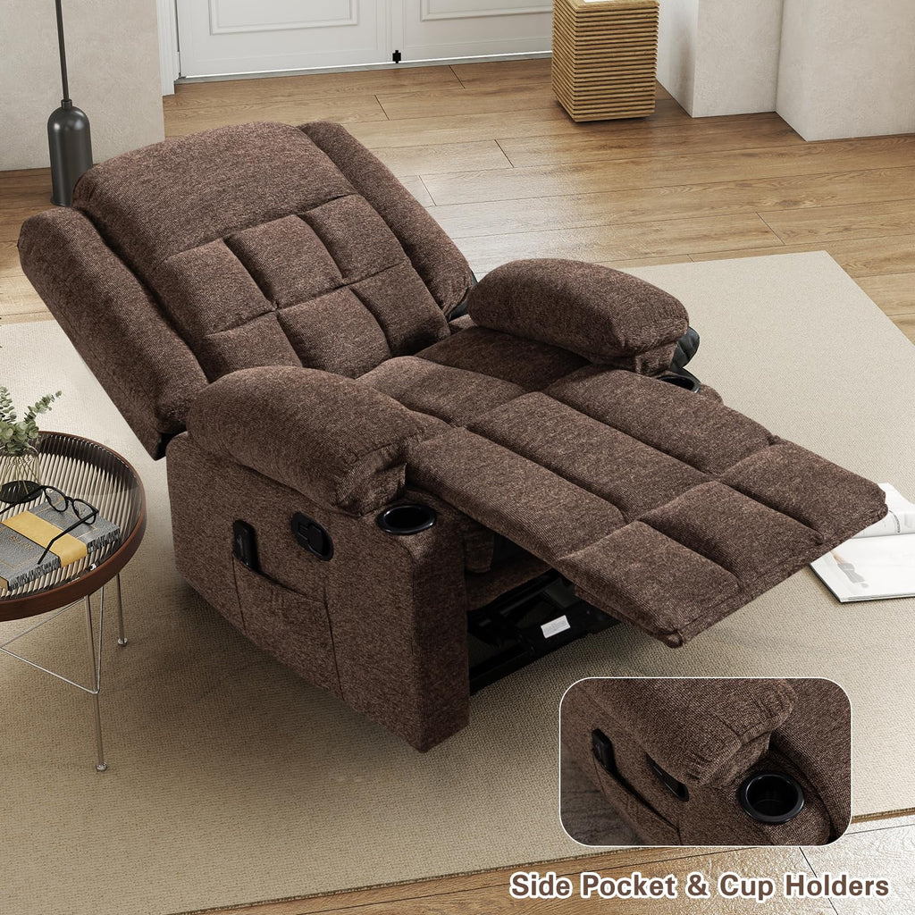 EBELLO Manual Recliner Chair for Adults with Vibration Massage and Lumbar Heating, Soft Fabric Recliner Single Sofa with Side Pocket and Two Cup Holders for Living Room, Grey