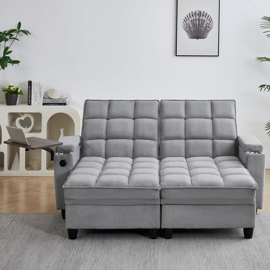 KEIKI 41.7" Convertible Sofa Bed Chair, Adjustable Backrest Recliner Chaise Lounge with USB Ports, Cup Holder, Storage Armrest and Swivel Table, Space Saving Sleeper Sofa for Studio, Dorm