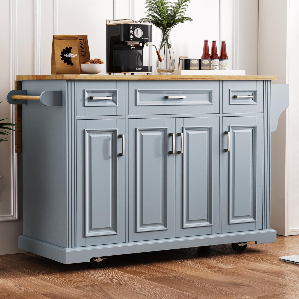 Merax 54" Large Kitchen Cart Island on Wheels with Drop Leaf,Adjustable Shelves,3 Drawers,Embossed Texture Design for Dining Room
