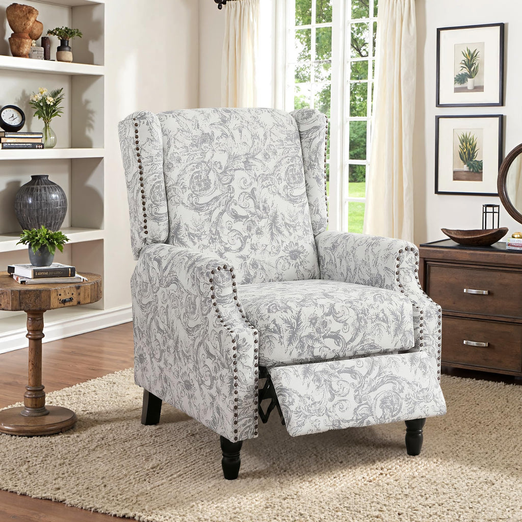 Wingback Floral Pushback Recliner Chair, Plants Beige, Set of 2