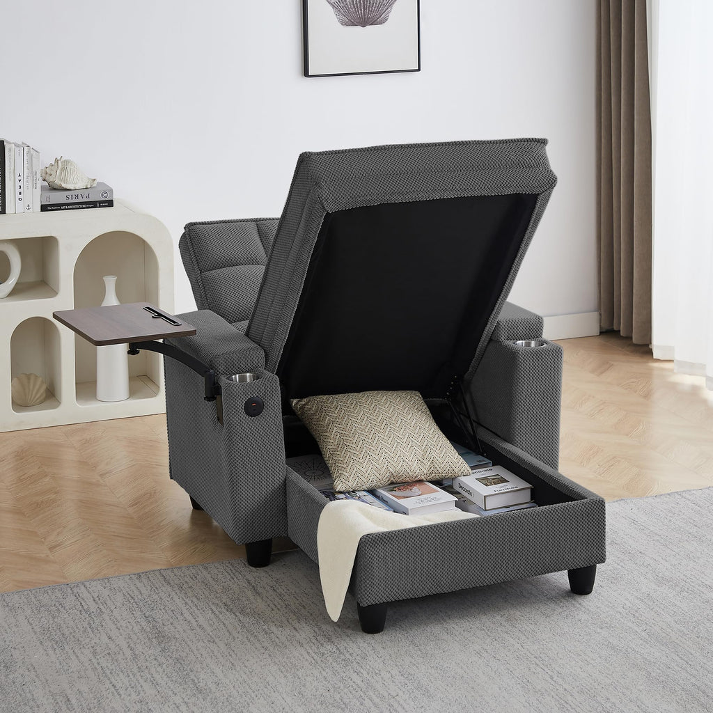KEIKI 41.7" Convertible Sofa Bed Chair, Adjustable Backrest Recliner Chaise Lounge with USB Ports, Cup Holder, Storage Armrest and Swivel Table, Space Saving Sleeper Sofa for Studio, Dorm