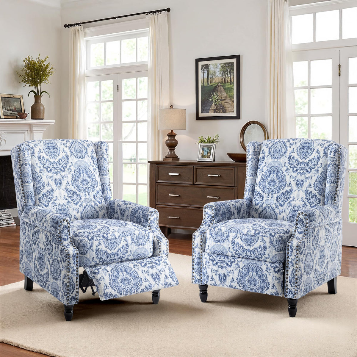 Wingback Floral Pushback Recliner Chair, Plants Beige, Set of 2