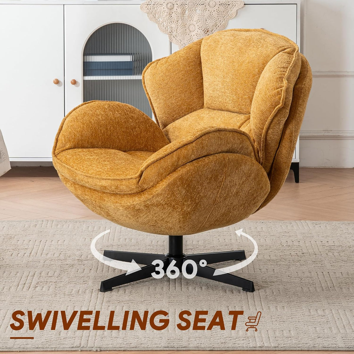 Swivel Accent Chair, Modern Recliner Lounge Chair with Metal Base Frame, Comfy Tufted Armchair for Living Room, Bedroom, Home Office, Brown