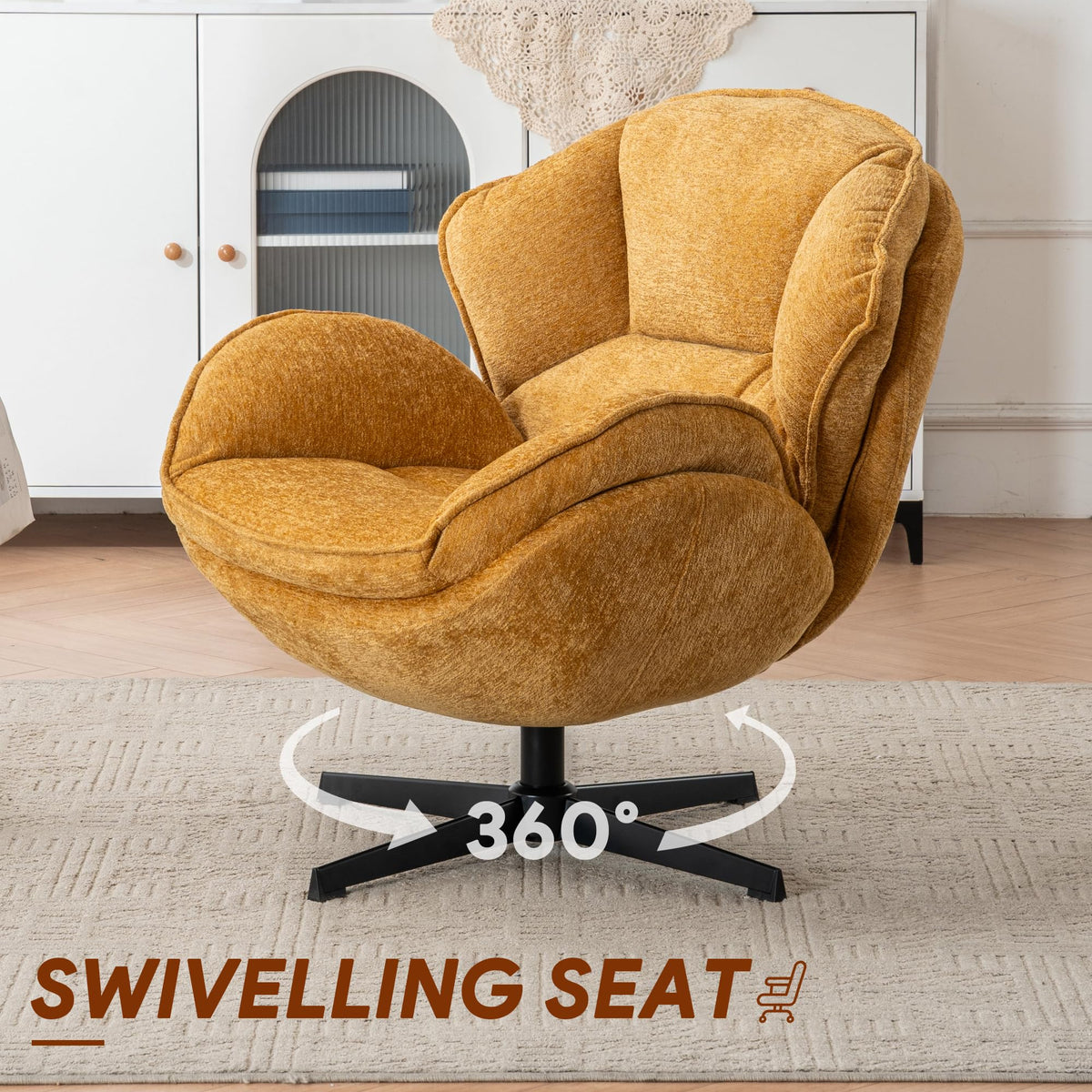 Swivel Accent Chair, Modern Recliner Lounge Chair with Metal Base Frame, Comfy Tufted Armchair for Living Room, Bedroom, Home Office, Brown
