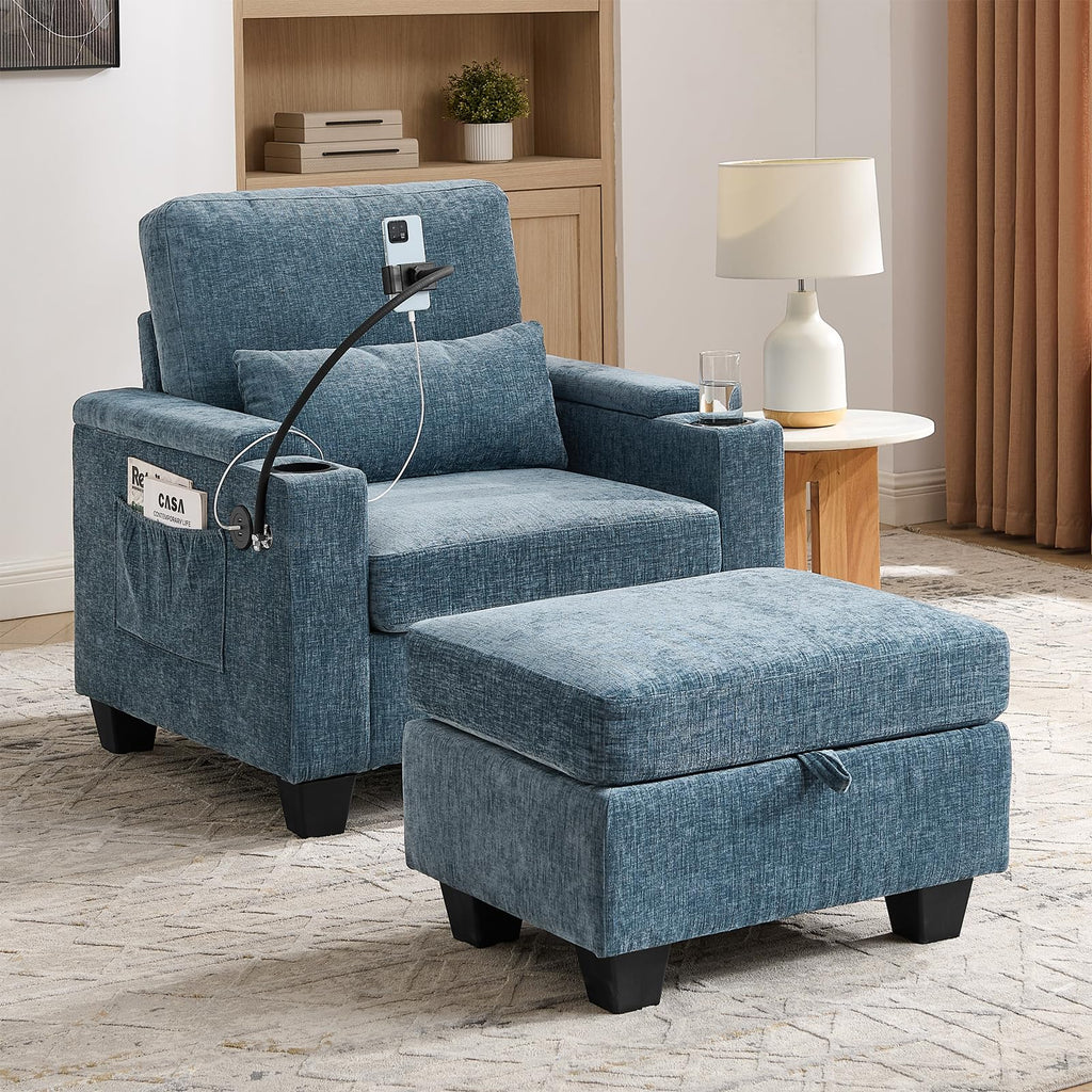 Oversized Chaise Lounge Chair Indoor, Single Convertible Recliner Reading Arm Sofa Chair W/Adjustable Backrest & Charging Port Couch Bed for Living Room, Home Theater & Bedroom, Brown