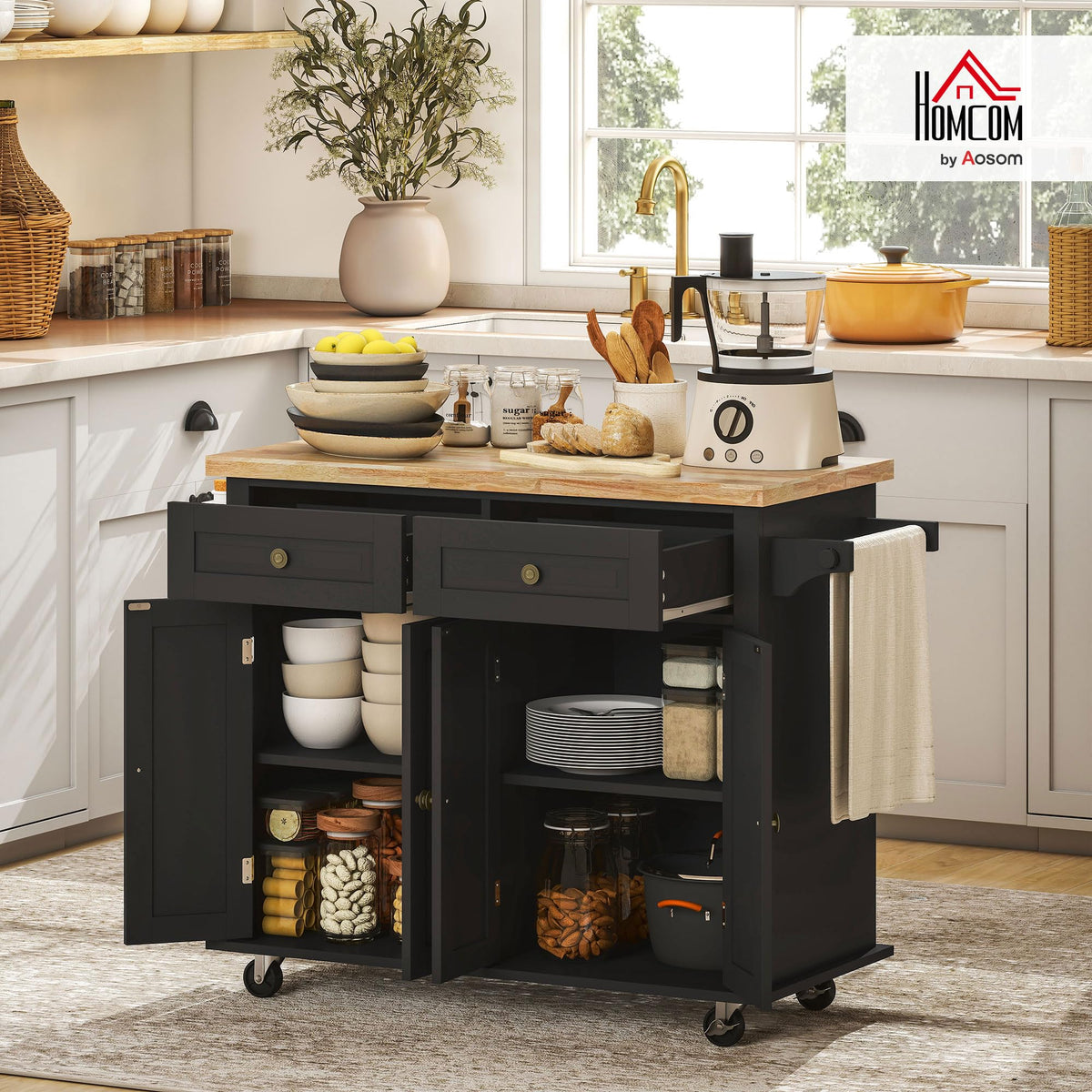 HOMCOM Kitchen Island Cart on Wheels with Solid Wood Top, 44" Cream White
