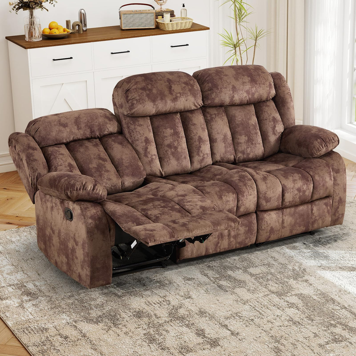 INZOY Manual Recliner Chair with Padded Armrest, Wall-Hugger Single Sofa Recliners with Overstuffed Back, Classical Fabric Reclining Chairs for Living Room Theater Seating, Brown