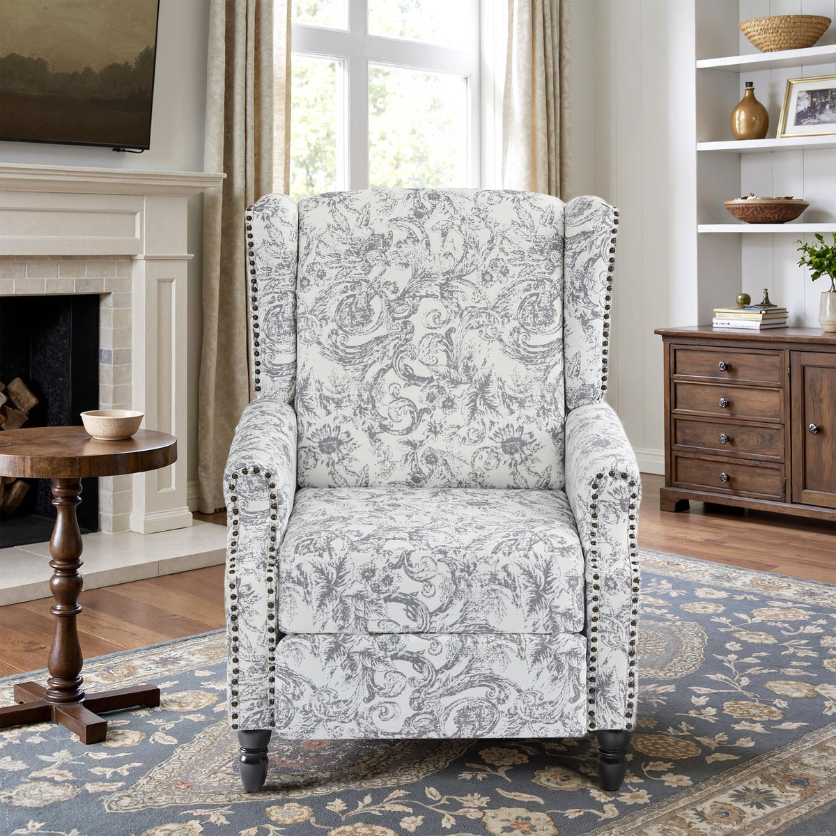 Wingback Floral Pushback Recliner Chair, Plants Beige, Set of 2