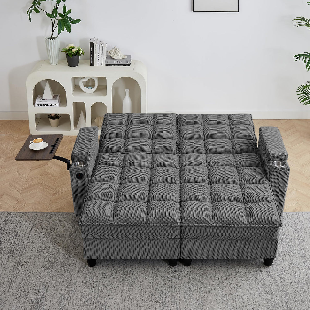 KEIKI 41.7" Convertible Sofa Bed Chair, Adjustable Backrest Recliner Chaise Lounge with USB Ports, Cup Holder, Storage Armrest and Swivel Table, Space Saving Sleeper Sofa for Studio, Dorm