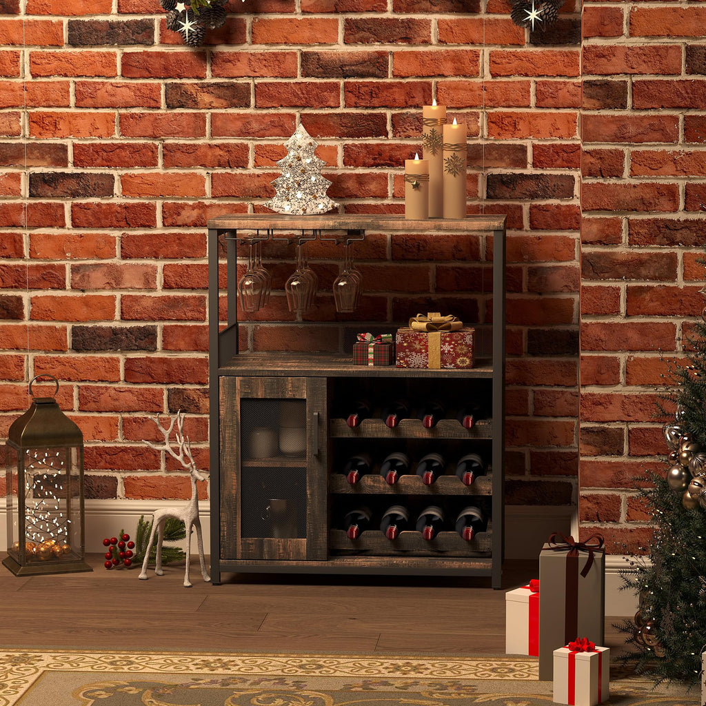 3-Tier Wine Bar Cabinet with Removable Wine Rack, Liquor Storage Cabinet with Glass Holder & Mesh Door, Coffee Bar Sideboard Buffet for Living Room or Dining Room, Gray