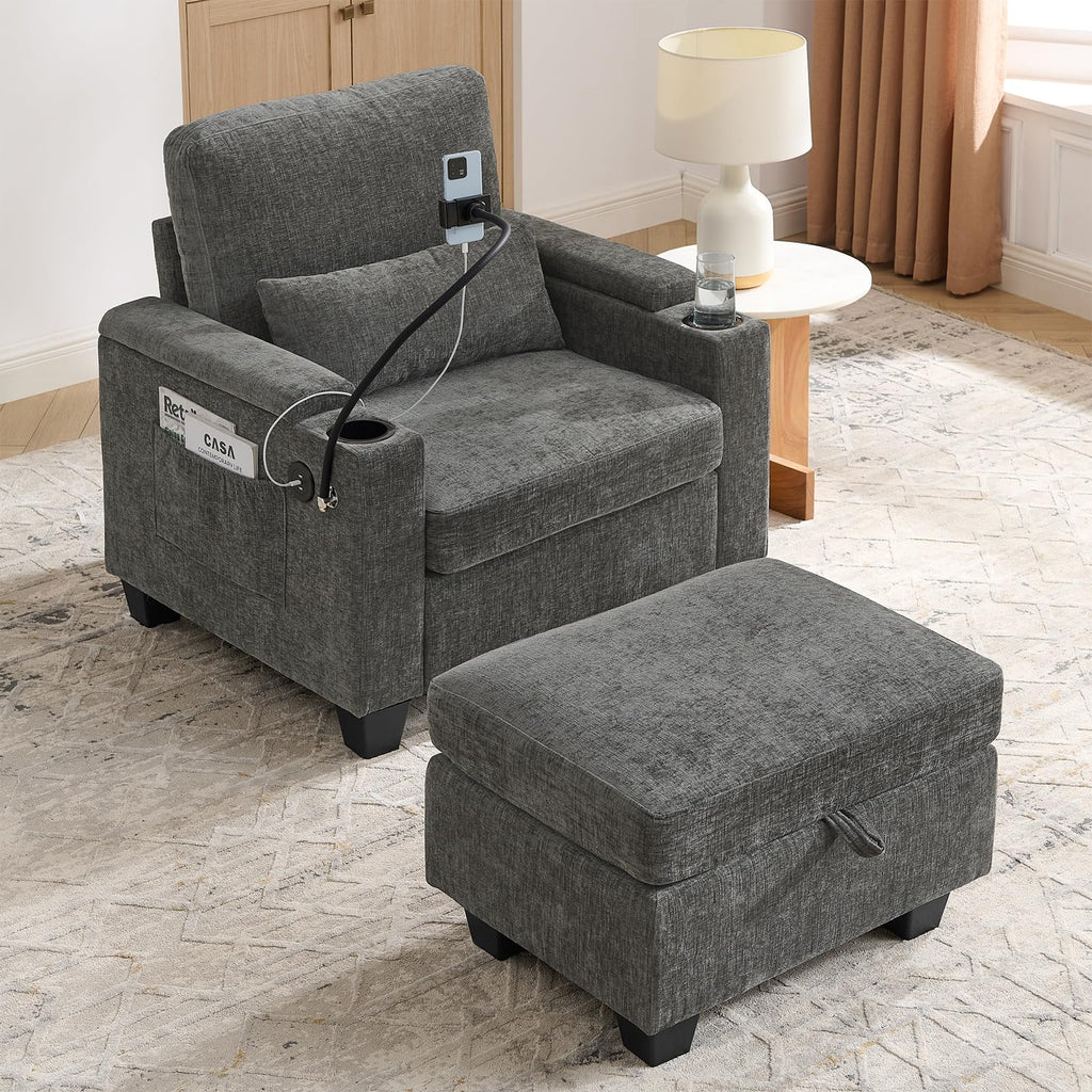 Oversized Chaise Lounge Chair Indoor, Single Convertible Recliner Reading Arm Sofa Chair W/Adjustable Backrest & Charging Port Couch Bed for Living Room, Home Theater & Bedroom, Brown
