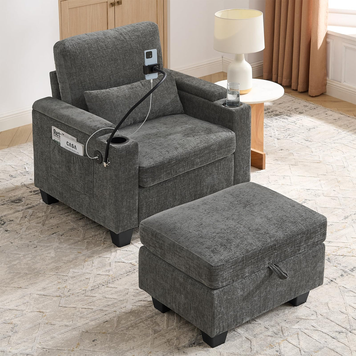 Oversized Chaise Lounge Chair Indoor, Single Convertible Recliner Reading Arm Sofa Chair W/Adjustable Backrest & Charging Port Couch Bed for Living Room, Home Theater & Bedroom, Brown