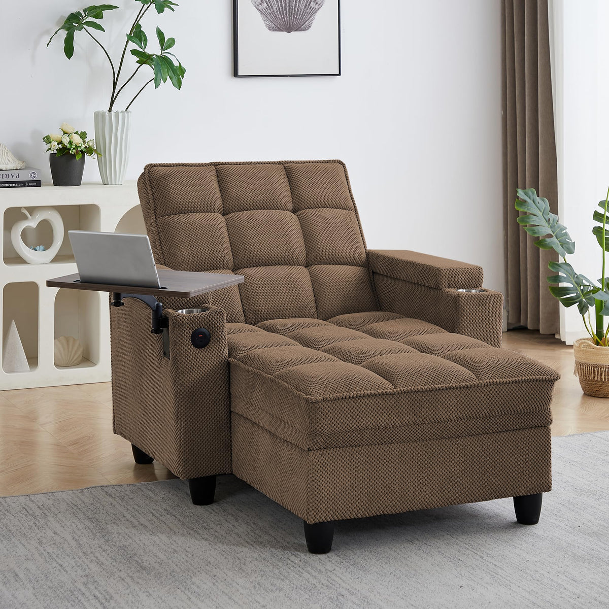 KEIKI 41.7" Convertible Sofa Bed Chair, Adjustable Backrest Recliner Chaise Lounge with USB Ports, Cup Holder, Storage Armrest and Swivel Table, Space Saving Sleeper Sofa for Studio, Dorm