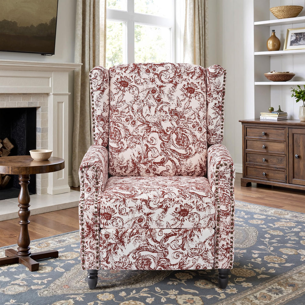 Wingback Floral Pushback Recliner Chair, Plants Beige, Set of 2
