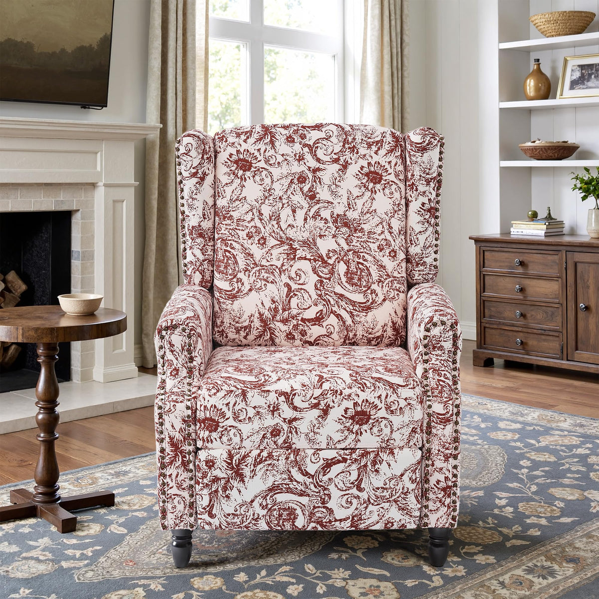 Wingback Floral Pushback Recliner Chair, Plants Beige, Set of 2