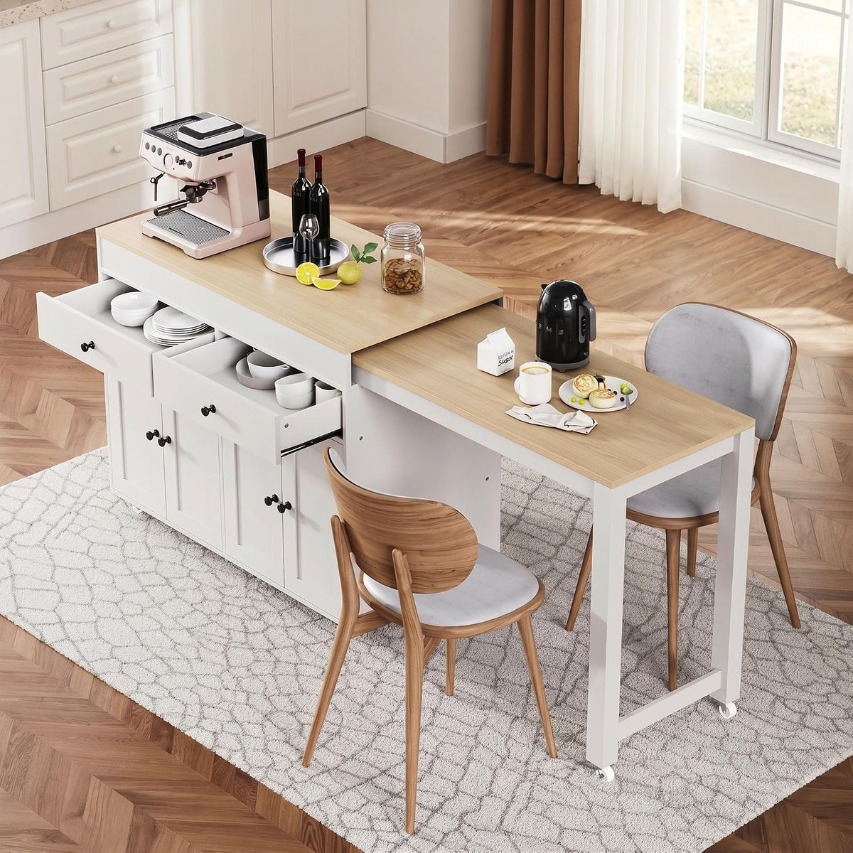 Merax 74.5" Kitchen Island with Extendable Dining Table, Rolling Kitchen Storage Cart on Wheels with Spice Rack & 2 Drawers & 4 Door Cabinet for Dining Room, White