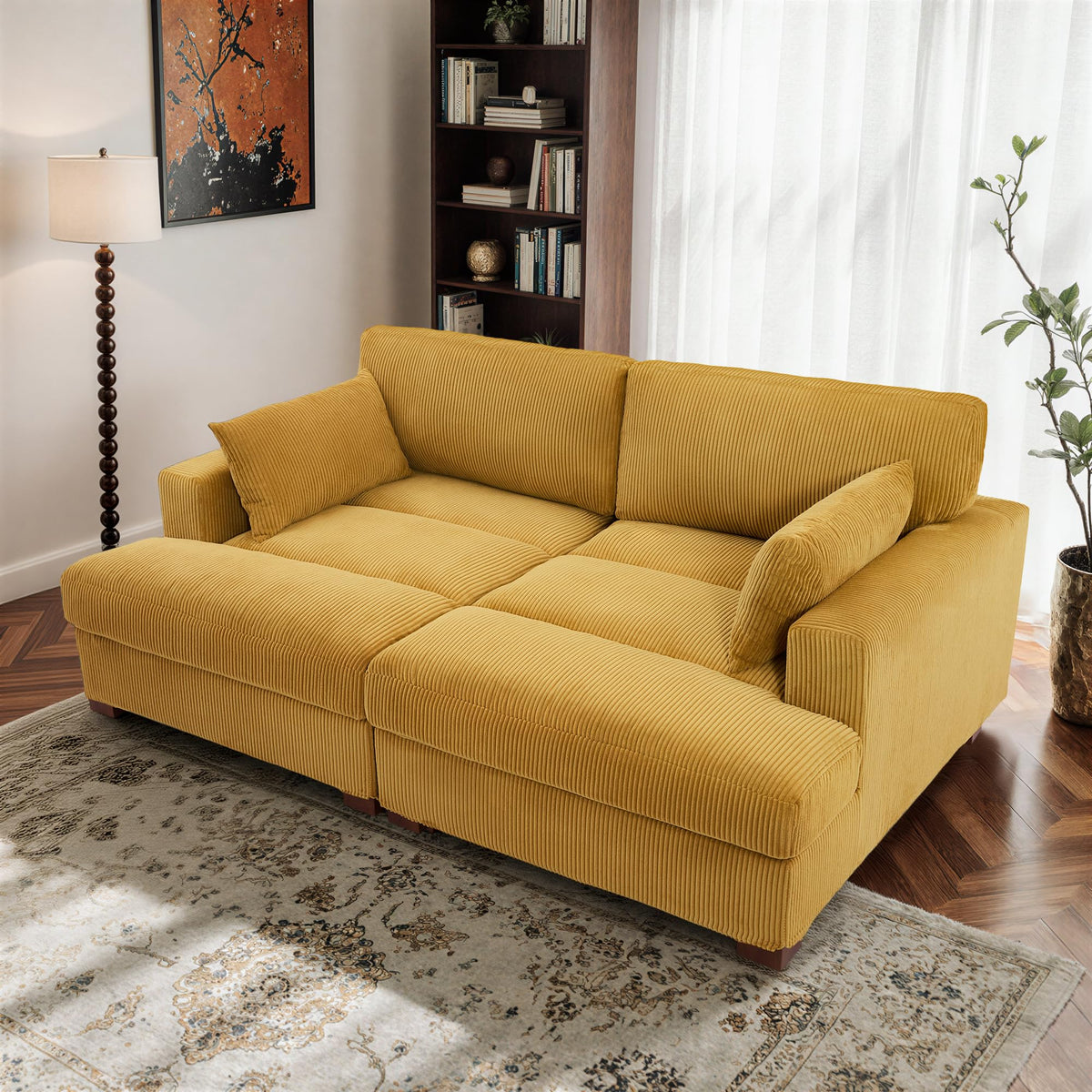 Oversized Corduroy Chaise Lounge Chair with Right Armrest & Cushion, Comfy Upholstered Sleeper Sofa Indoor Recliner Seat Solid Wood Couch w/Washable Cover for Bedroom, Living Room - Orange