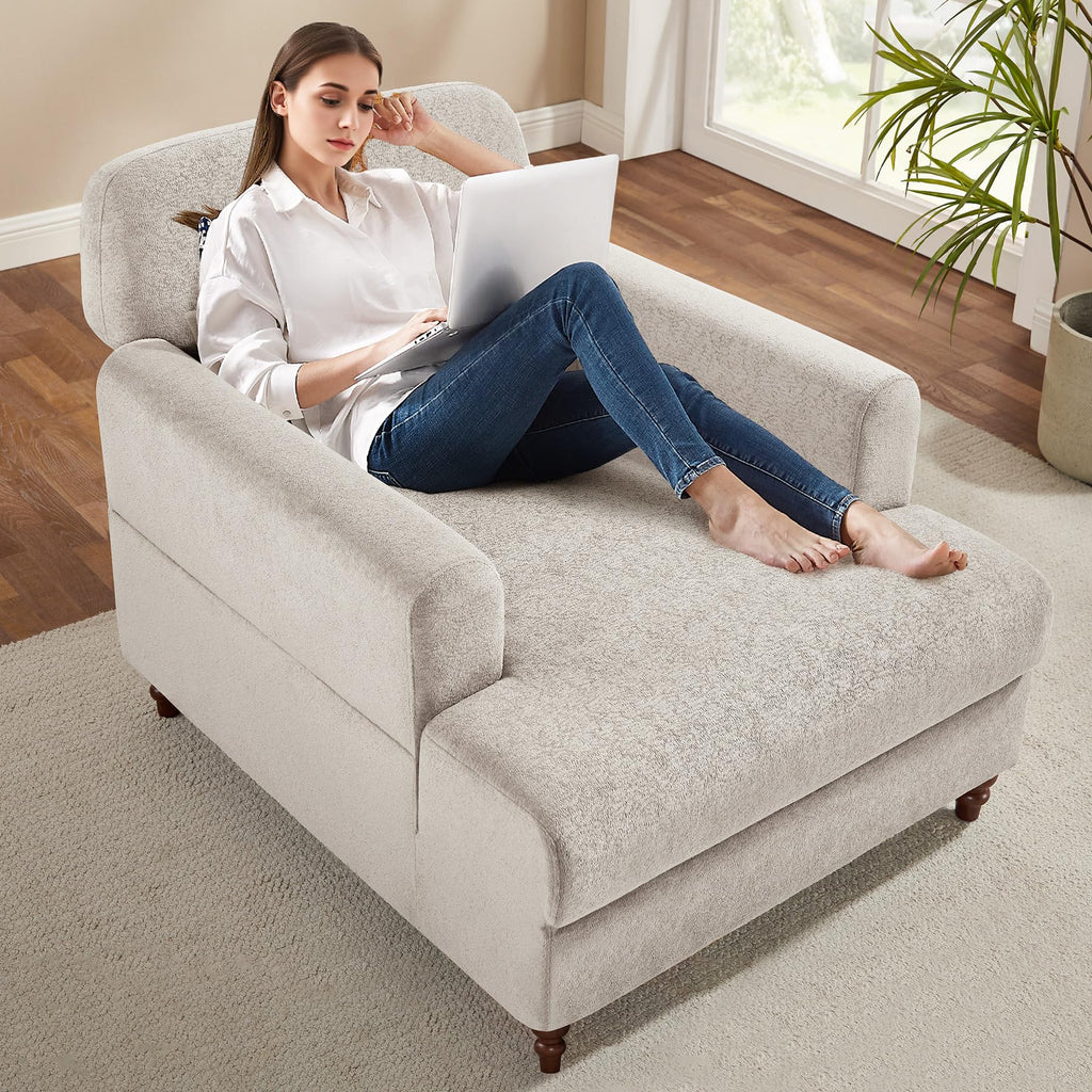 Oversized Chaise Lounge Chair with Adjustable Backrest, Polyester White