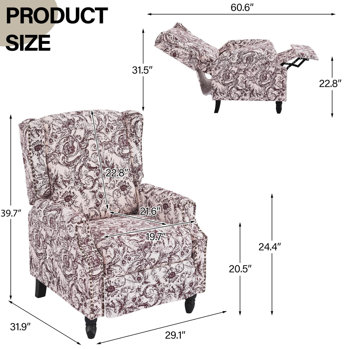 Wingback Floral Pushback Recliner Chair, Plants Beige, Set of 2