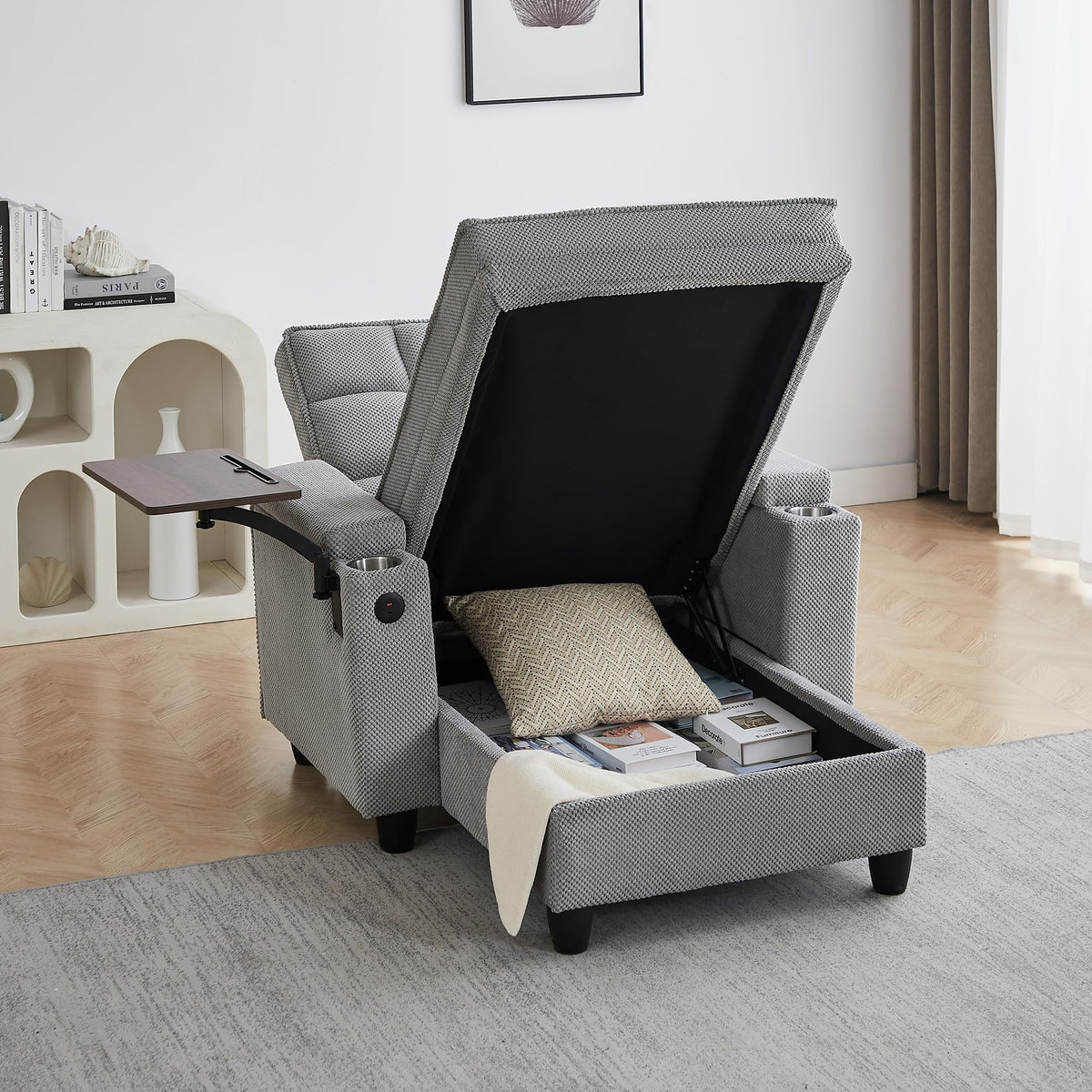 KEIKI 41.7" Convertible Sofa Bed Chair, Adjustable Backrest Recliner Chaise Lounge with USB Ports, Cup Holder, Storage Armrest and Swivel Table, Space Saving Sleeper Sofa for Studio, Dorm