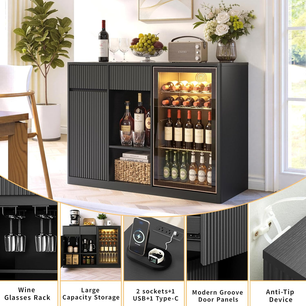 51" L Coffee Wine Bar Cabinet with Fridge Space, Charging Hub, Wine Rack