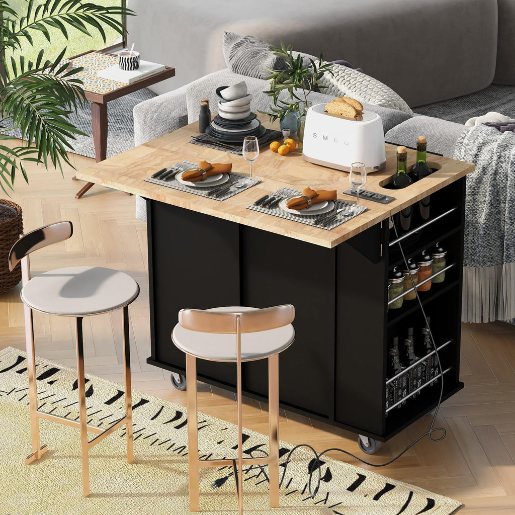 Ball & Cast Farmhouse Kitchen Island with Power Outlet,Dining Storage Island with Drop Leaf,Spice Rack and Drawer,Rolling Dining Cart on Wheels for Home,Kitchen,Dining Room,White,54"
