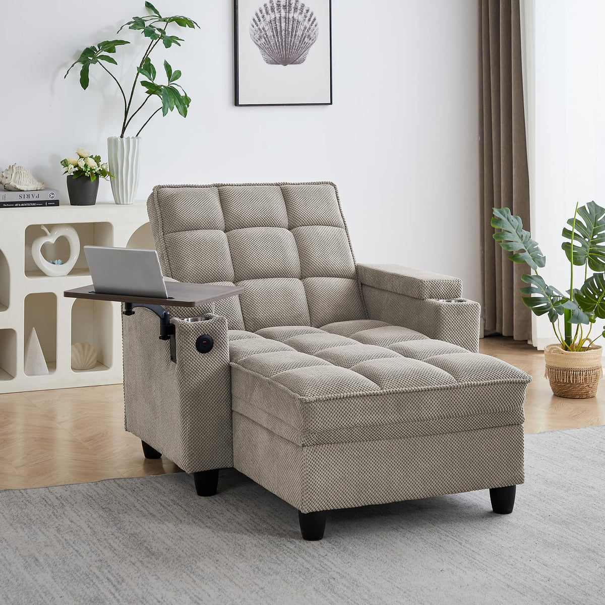 KEIKI 41.7" Convertible Sofa Bed Chair, Adjustable Backrest Recliner Chaise Lounge with USB Ports, Cup Holder, Storage Armrest and Swivel Table, Space Saving Sleeper Sofa for Studio, Dorm