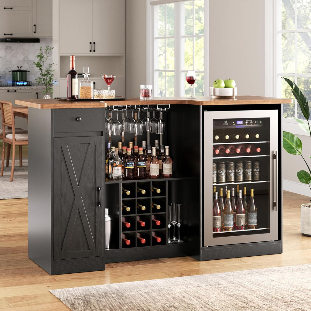 72" U-Shape Liquor Cabinet with Fridge Space, Bar Table with Wine Rack Glass Holder, Wine Bar Cabinet with Storage, Home Bar Cabinet for Man Cave Home Pub Basement Living Room, Black LRBT001B